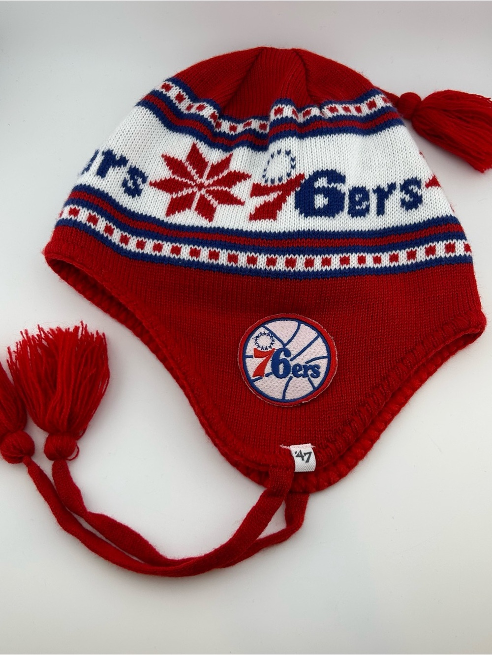 Philadelphia 76ers 47 Brand Trapper Hat Knit Ear Flap Tassel Red White Blue